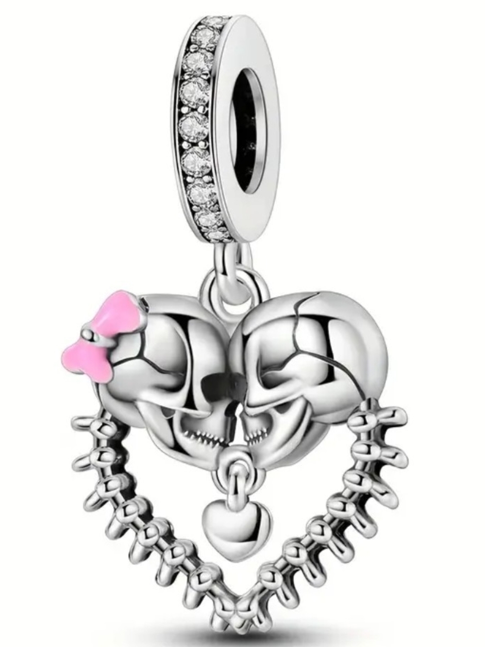 Double Skull Heart Charm with Pink Bow